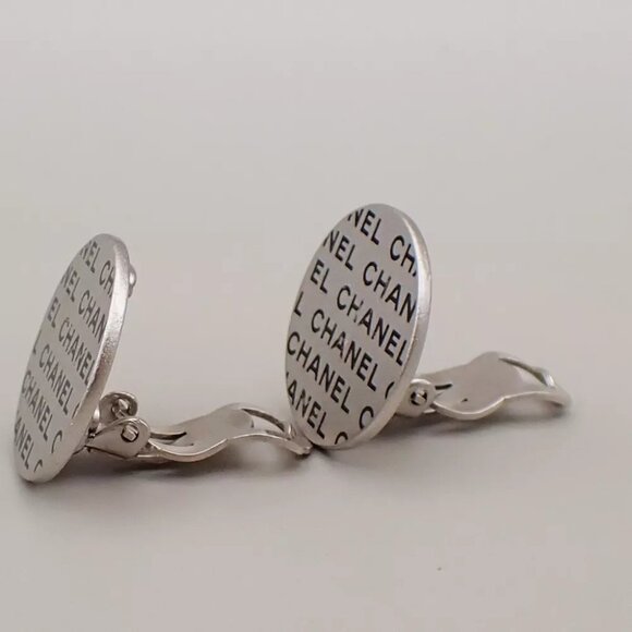 CHANEL Logo Round Button Earrings 00C Clip-On Silver SHW France - Picture 2 of 10